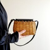 受注制作　ラタンのかごポシェット　オフホワイト/キャメル　お財布ポシェット