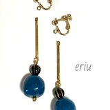 newブルー×ブラックレトロビーズ ロングイヤリング