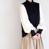 リブハイネック　ふんわりバルーンスリーブ　M~3L　ブラック×オフホワイト