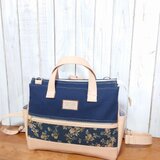 4wayネイビー倉敷帆布と紺の花柄とベージュ合皮の四角いリュック＋バック（横型）