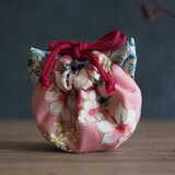 猫型の台湾花柄x絹織物mini巾着ポーチ(一点作品)