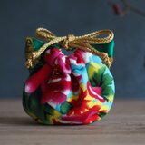 猫型の台湾花柄x絹織物mini巾着ポーチ(一点作品)