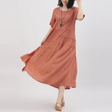 綿麻生地 大人上品フロントタック半袖ワンピース