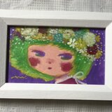 「お花の女の子」手描きのミニイラスト☆名刺サイズ絵画