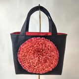 お花トートバッグ：黒リネン×ベイクドピンク(くすんだ桃色)花／着物リメイク・国内送料無料・２営業日以内発送／2208b13