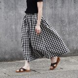 播州織 綿麻 ギャザースカート（ ギンガムチェック ）リネン 麻 ロング マキシ ポケット 黒 ブラックの画像