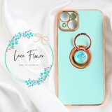 レースフラワーデザイン　iphoneケース スマホケース リング付き　イニシャル入れ　誕生石 押し花 ライトブルー