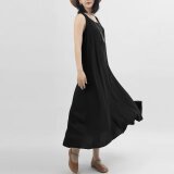 綿麻刺繍生地 涼しげ軽やかノースリーブワンピース ♪Black♪