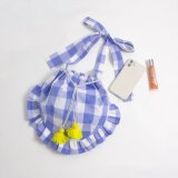 ギンガムチェック 巾着ポシェット ミニショルダーバッグ ライトブルー