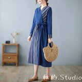 新作.秋色~ブルー 綿ストライプワンピース 長袖ロング丈スカート. ゆったり レトロ  .コットン  春秋★