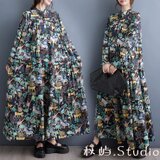 New秋色~  花柄ゆったりワンピース 長袖ロング丈スカート. レトロ 綿 .コットン  春秋★