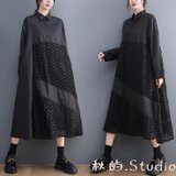 新作 秋色~ブッラク.カジュアルシャツスカート 着やせワンピース  レトロ  長袖 綿 ゆったり 春秋★