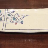 土物　角長皿　色絵木と鳥紋