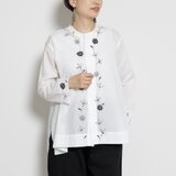 比翼仕立てノーカラーブラウス【手描き更紗牡丹】