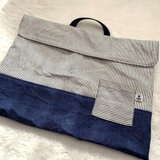 防災頭巾カバー・背もたれタイプ・持ち手付き・ヒッコリー×岡山デニム・入学準備の画像