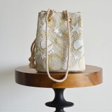 新作!  数量限定! プラネットチュール刺繍ポシェットマリンバッグ　エクリュベージュ　