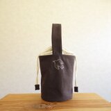 筒形きんちゃくミニバッグ　鳥さんの刺繍、トープ　［一点もの］の画像