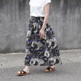 ノルディック調フラワー　綿麻ギャザースカート（ブルー フラワー）リネン 麻 ロング マキシ ポケットの画像