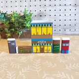ペンスタンドと消しゴムがカフェになる☆ペンスタンドイレイサーセット「帰り道のカフェ」「カフェのある街角」の画像