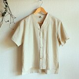アシンメトリーカラータックシャツ(生成り/麻混綿/半袖/unisex S)の画像
