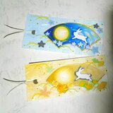 扇型絵巻風　お月見うさぎの栞(しおり)2枚セット　桔梗　紅葉　秋のブックマークの画像