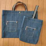 レッスンバッグ＆シューズケース☆ M 2点セット  岡山デニム  ブルー　セルビッチ　赤耳　入学の画像