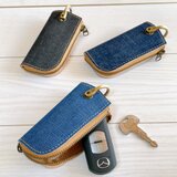 岡山デニム　本革　スマートキーケース キーケース　ファスナー付き　 インディゴ　ブラックの画像