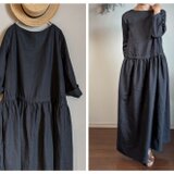 マキシ丈 リネンギャザーワンピース_ネイビーグレイ