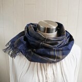秋冬 細番手リネンのストール　ネイビー系　タータンチェック