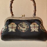 ★バンブーがま口バッグ　焼きバンブー持ち手　丸紋ドラゴン帯地★