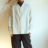 アシンメトリーカラータックシャツ(生成り/麻混綿/長袖/unisex M)の画像