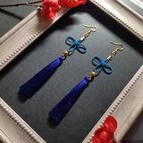 【和風】【ゴールドビーズ】几帳結びとタッセルのピアス（イヤリング）（青）【チャイナ】【中華風】【着物】【浴衣】【成人式】