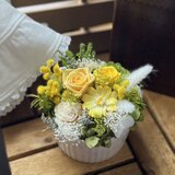 幸せのイエロー　ミモザのアレンジメント　春色の贈り物　