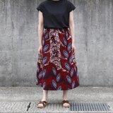 【受注制作】アフリカ布のギャザースカート（ レッド リーフ ）アフリカンプリント アフリカンファブリック