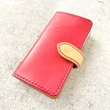 iPhone & android 手帳型　レザーケース　　レッド×ナチュラルの画像