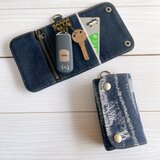 岡山ハードダメージ加工柄デニム　三つ折りキーケース　4連　スマートキーケース　カードケース　コインケースの画像