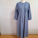 ダンガリー　ピンタック　シャツ　ワンピース　バンドカラー　ネイビー　ブルー　七分袖　Lサイズの画像