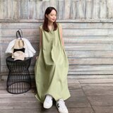 【着丈調整可能】品よく映える コットン キーネック ノースリ ワンピース　ピスタチオ　0655PTの画像