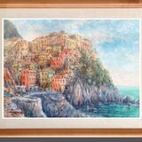 水彩画原画　断崖に立つマナローナの街・イタリア　＃664の画像