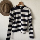 太ボーダー切替え半袖Ｔシャツ　アームカバー付き杢グレー×黒Ｍ～Ｌの画像