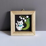 和紙ちぎり絵（無料ラッピング付き）スズランと白猫の小さなウォールデコの画像