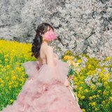 実例写真！カラードレス ピンク もこもこドレス リボン 編み上げ 披露宴 花嫁 可愛いの画像