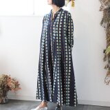 ブロックプリント前開きシャツワンピース【インディゴダブプリント】の画像