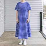 国産コットン＊爽やかウィンドウペンチェックのフレアワンピース（オックスフォード生地・青×白チェック）受注製作の画像