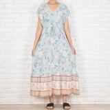 【大きいサイズ】新作！爽やかな花柄Vネックフリルワンピース　ライトブルーの画像