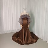 パーティードレス+トップス ツーピース マーメイドライン ブラウン パープル 光沢サテン 前撮りの画像