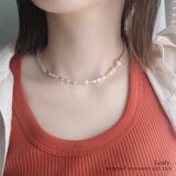 clear＆silver 淡水パールのビーズネックレス　ビーズアクセサリー　マンテル　クリア　シルバー　夏アクセサリー　おしゃれの画像