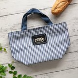 パンの刺繍ワッペン　ランチバッグ　保冷バッグ　チェック柄　名入れ　広いマチの画像