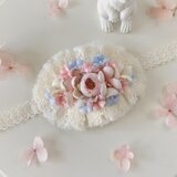 ドール用レースと染め花のスモールヘッドドレス(MLフリー・小バラ・ベビーピンク&ライトブルー)の画像