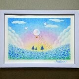 パステルアート　大空からネモフィラ畑への贈り物　パステル画原画の画像